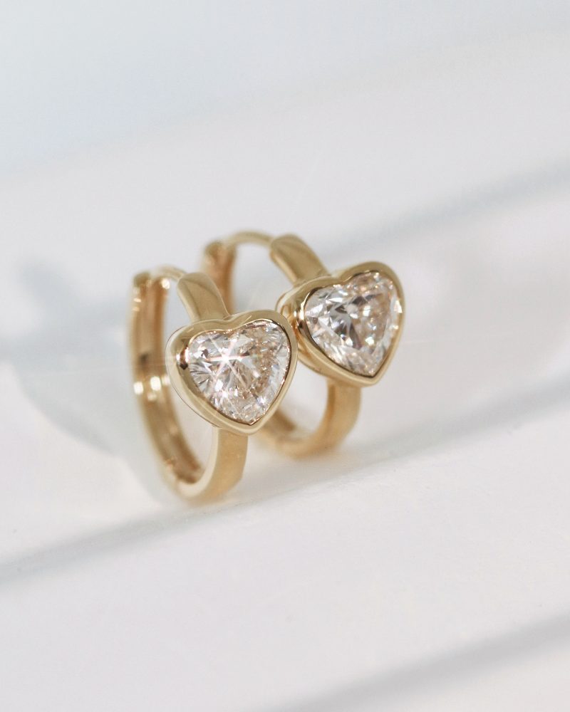 Heart Shape Diamond Bezel Hoop Earrings 14K 18K Solid Gold