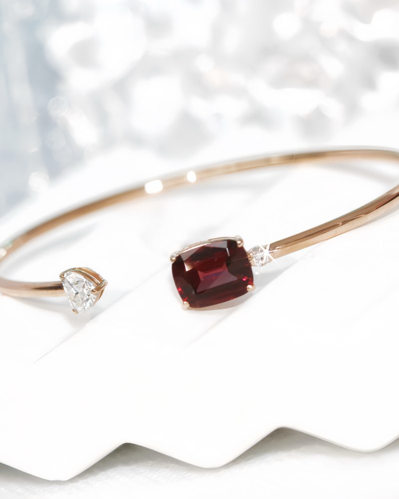 Garnet Heart Shape Diamond Open Bangle