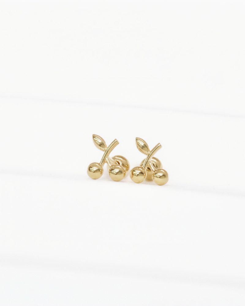 Solid Gold Cherry Stud Earrings Close Up