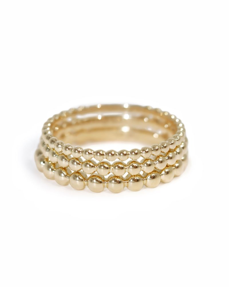 Three 18K/ 14K/ 9K stacked gold beaded band rings of varying bead sizes on a white background. 三款不同18K/ 14K/ 9K 金珠尺寸的黃金圓珠/波波戒疊戴展示圖，純白背景。